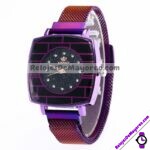 R3255 Reloj Morado Extensible Metal Mesh Iman Caratula Cuadrada Diamantes RINNADY moda