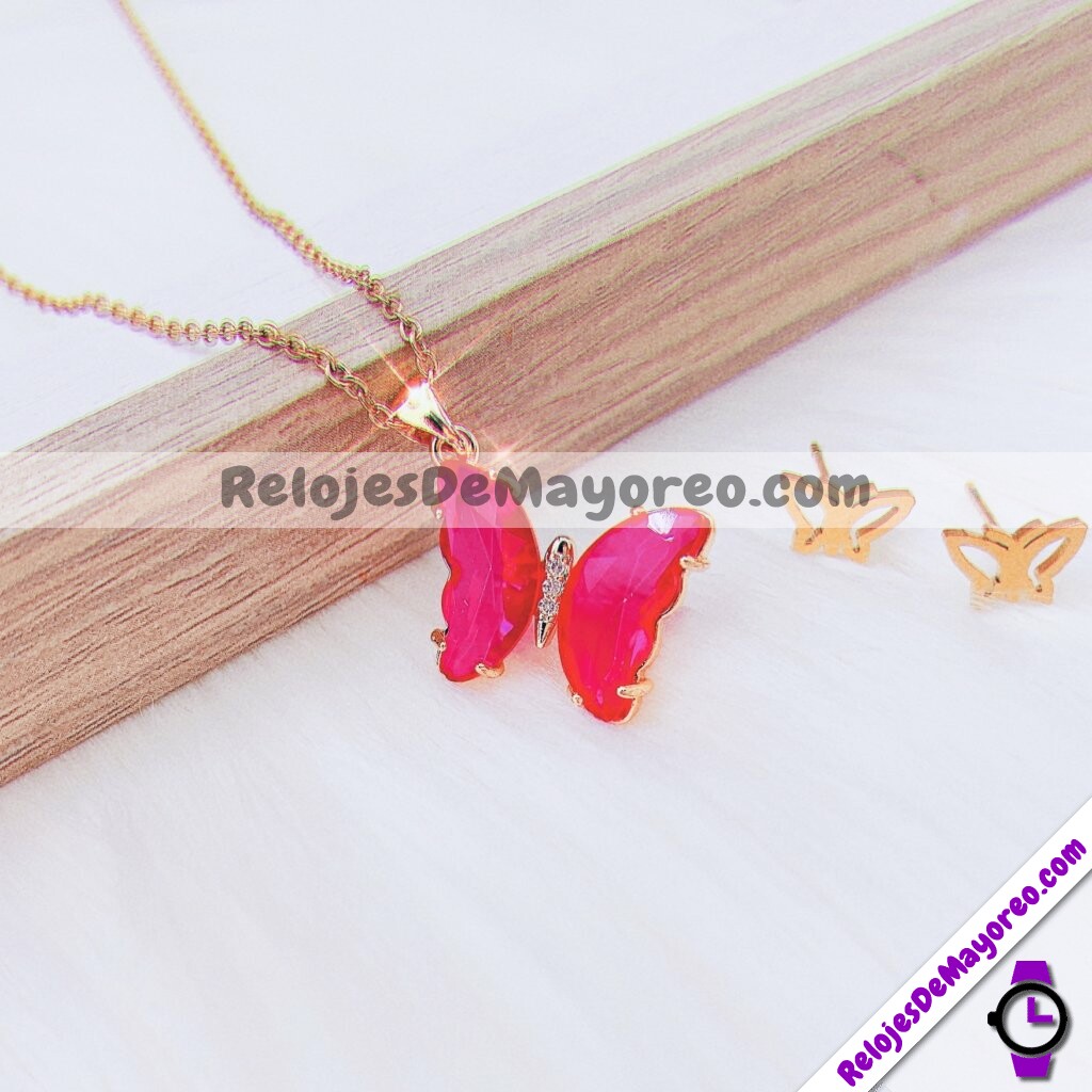 A2164 Collar Dije de Mariposa Con Piedra Color Rosa y Diamantes Dorado Acero inoxidable bisuteria fabricante mayorista (1)