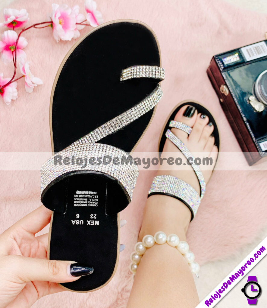 ZM00024 Huarache de Piso Tipo Sandalia Negra con Diamantes mayoreo fabricante calzado (1)