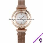 R4465 Reloj Doble Circulo Diamante Fondo Blanco Metal Mesh Iman reloj de moda al mayoreo