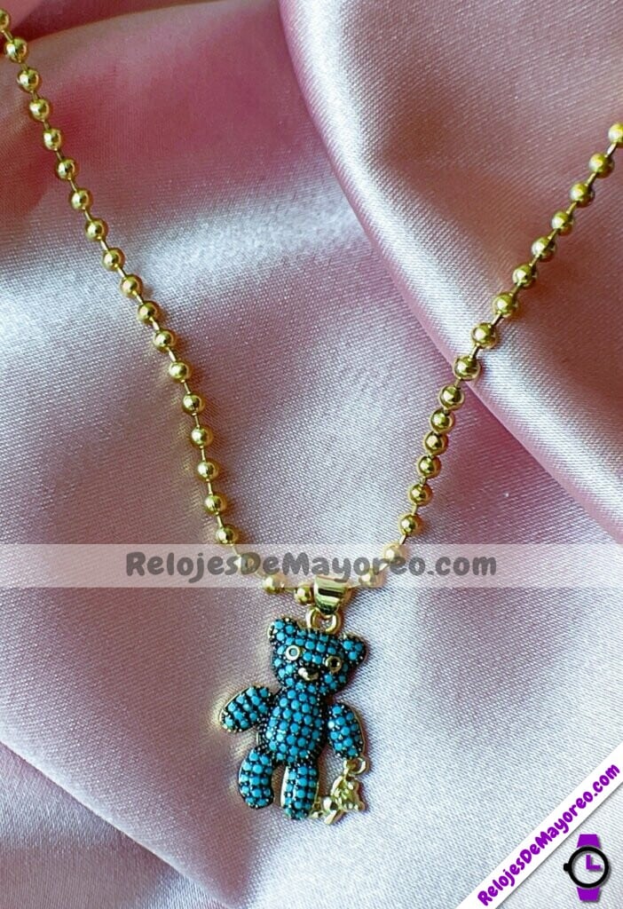 A3604 Collar Osito Teddy Azul De Diamantes Dorado Acero Inoxidable Bisuteria Fabricante Mayorista (1)