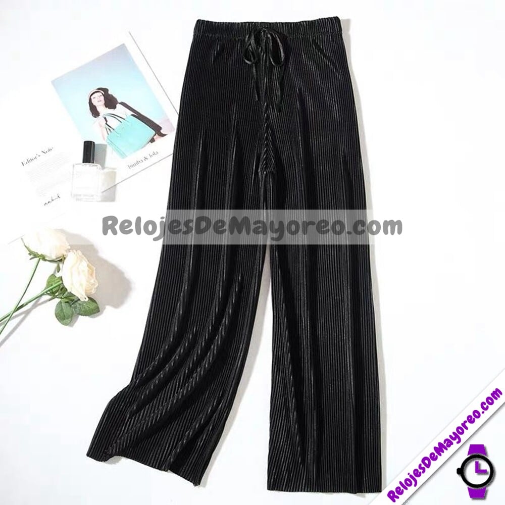 C1210 Pantalon Negro Satinado Pierna Ancha Elegante Proveedor De Ropa Mayoreo
